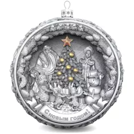 Set of 4 silver Christmas balls "Bullfinches, Snowflakes, Bells and a Happy childhood"